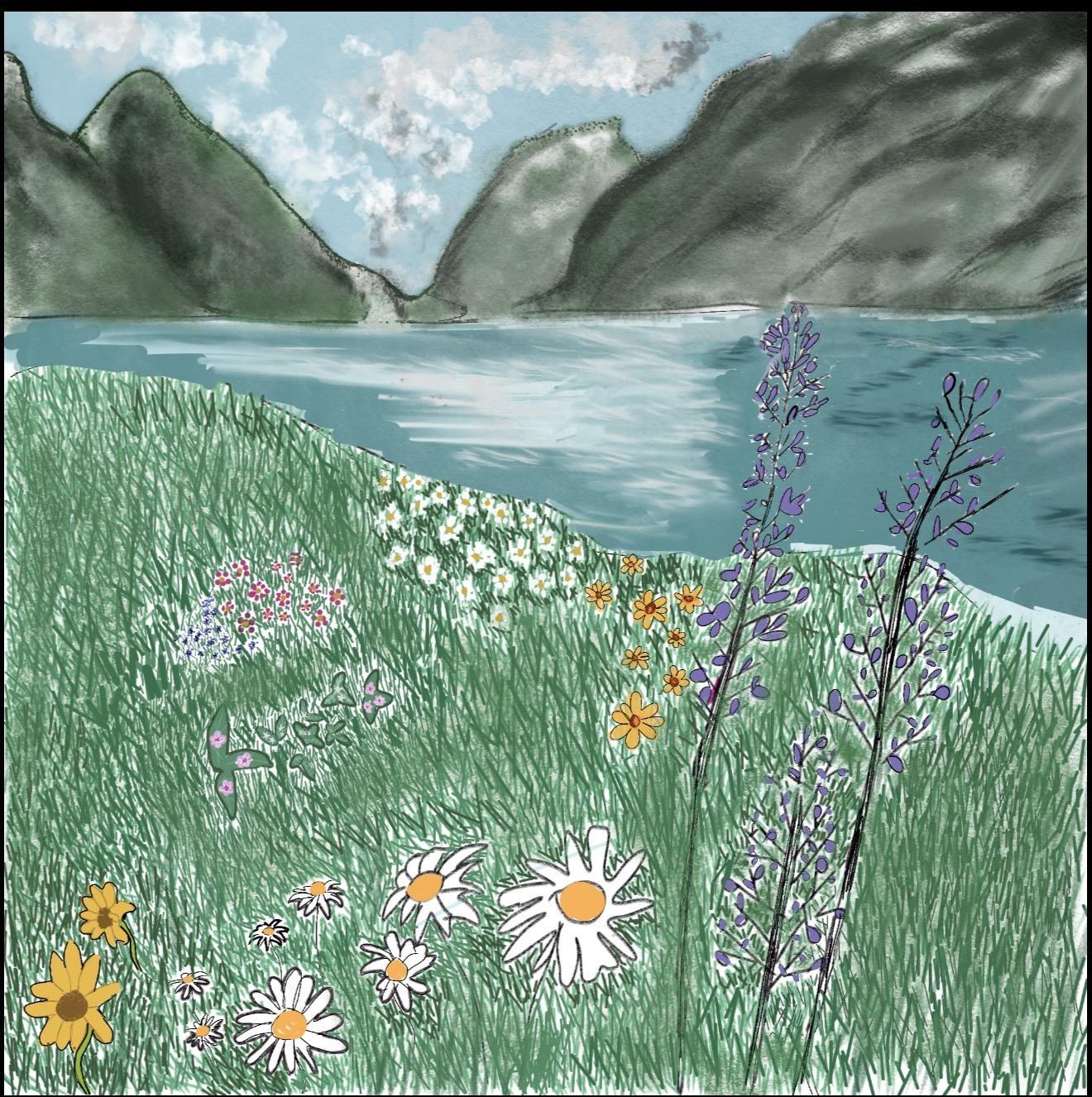 Elizabeth's own drawing of a Norwegian fjord: green hills, blue water, wildflowers in the foreground