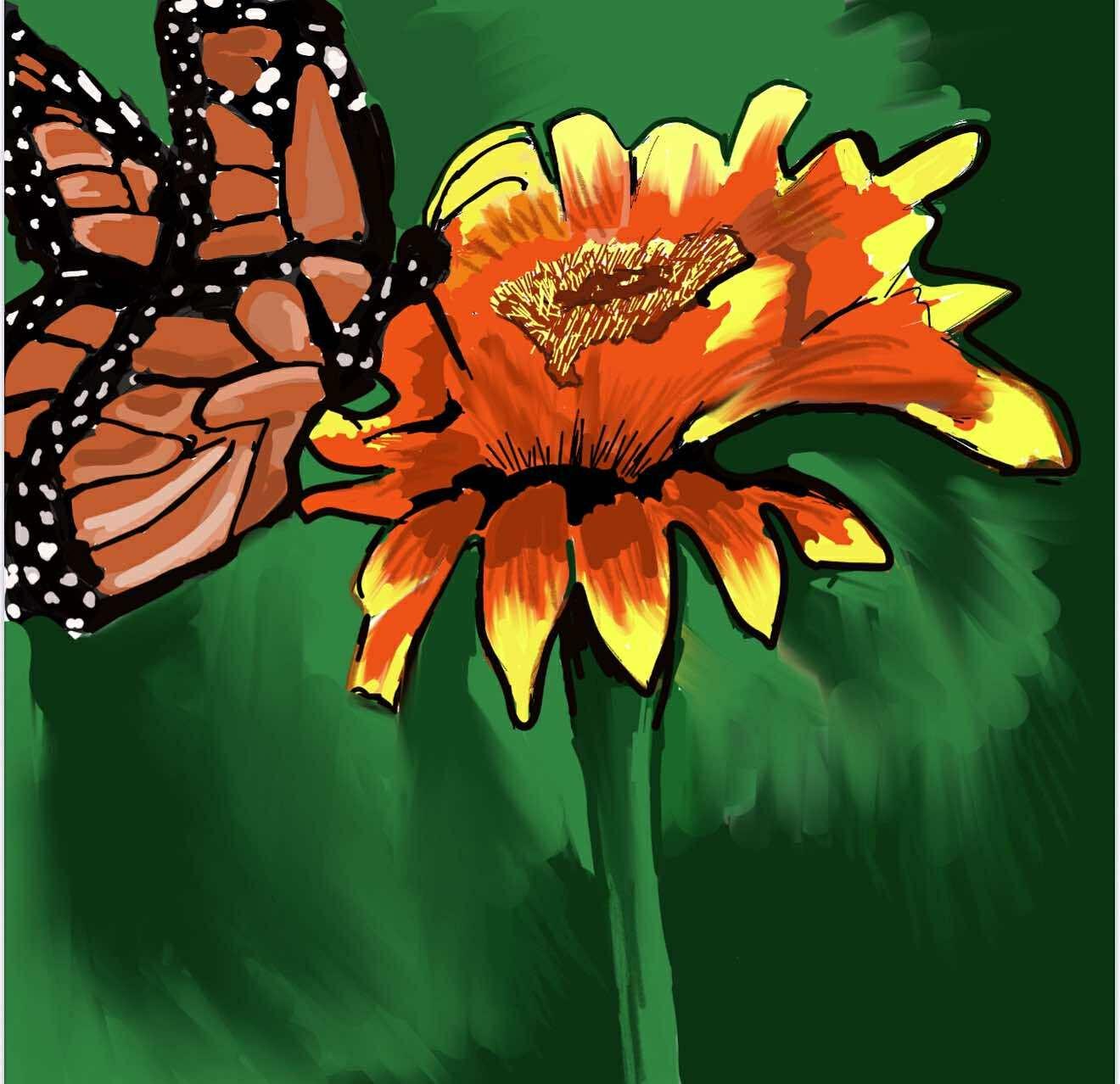 Elizabeth's own painting of a monarch butterfly on an orange flower